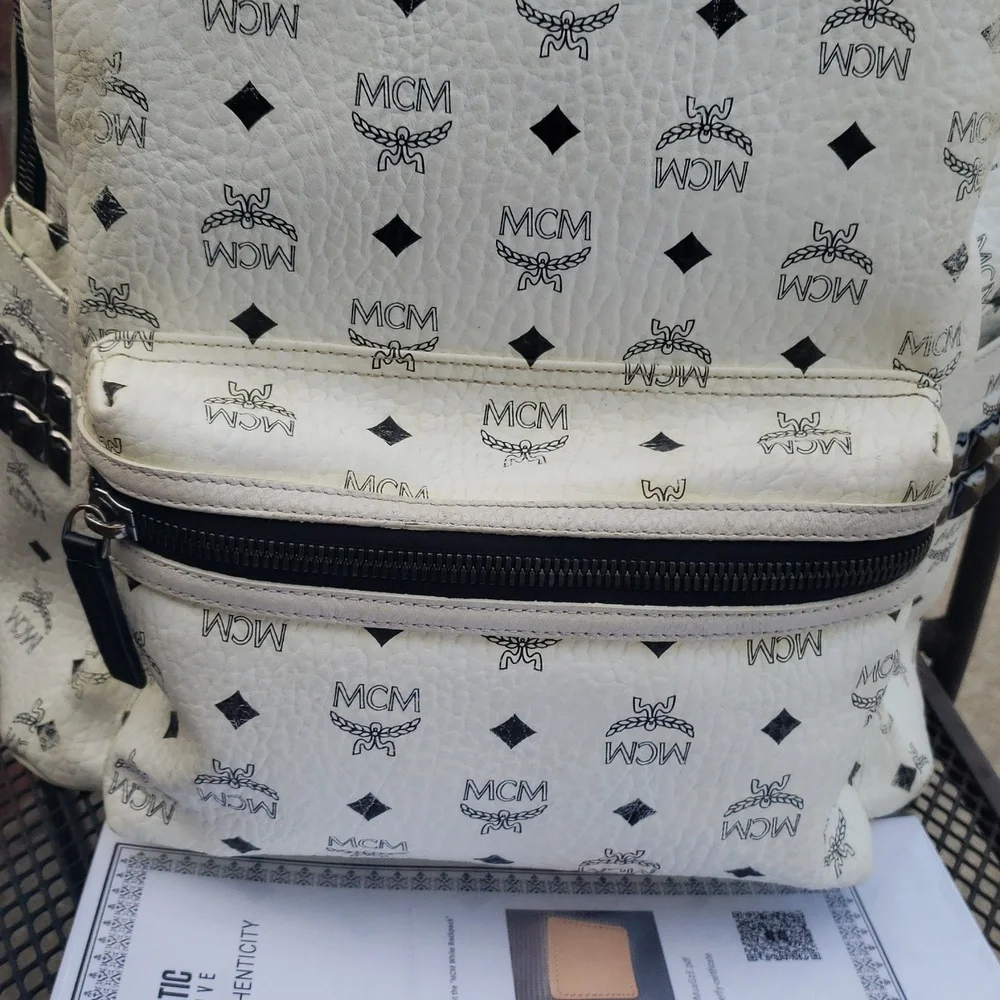 MCM Unisex Visetos Stark Studded Backpack White Black Monogram Luxury